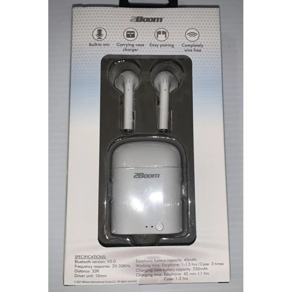 2Boom True Wireless Earbuds w/ Charging Case – White – Bluetooth 5.0 – Brand New